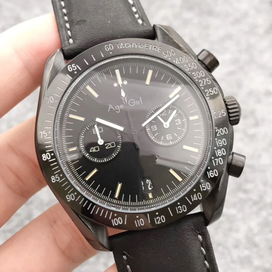 

Classic New Men Sport Watch Speed Japanese OS Stainless Steel Chronograph Sapphire Black Leather Ceramic Bezel Limited AAA+