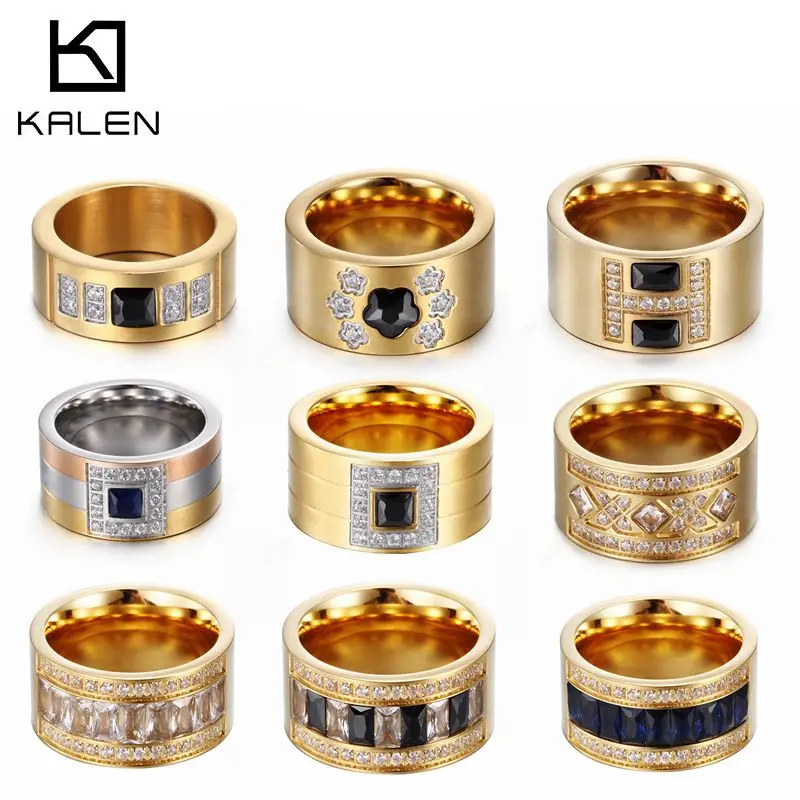 Женские кольца с фианитом Kalen золотистые вечерние из нержавеющей стали черного и