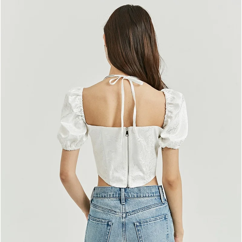 2021NEW French retro square collar palace style neck jacquard top, one-shoulder all-match slim slimming short-sleeved T-shirt