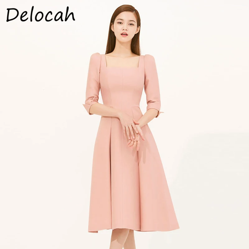 

Delocah новые 2021 летние женские модные взлетно-посадочной полосы вечерние платье трапециевидной формы с короткими рукавами с высокой талией ю...