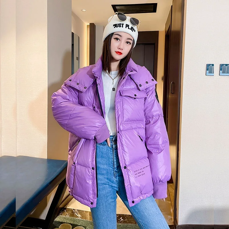 

2021 Winter Women Hooded White Duck Down Coat Red Purple Black White Lightweight Puffer Jacket Casual Stand Collar Down Parkas