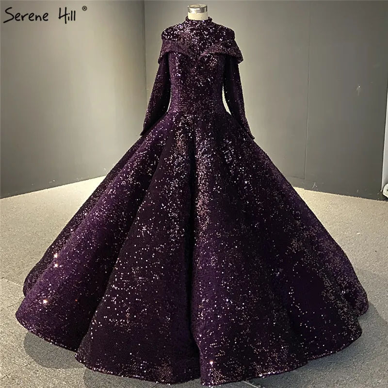 Фото Серен Хилл мусульманское фиолетовое роскошное свадебное платье с высоким горлом