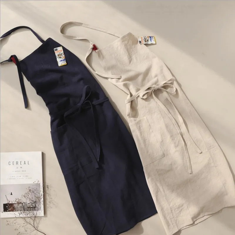 Новый японский супербольшой Кухонный Фартук из хлопка и льна однотонный