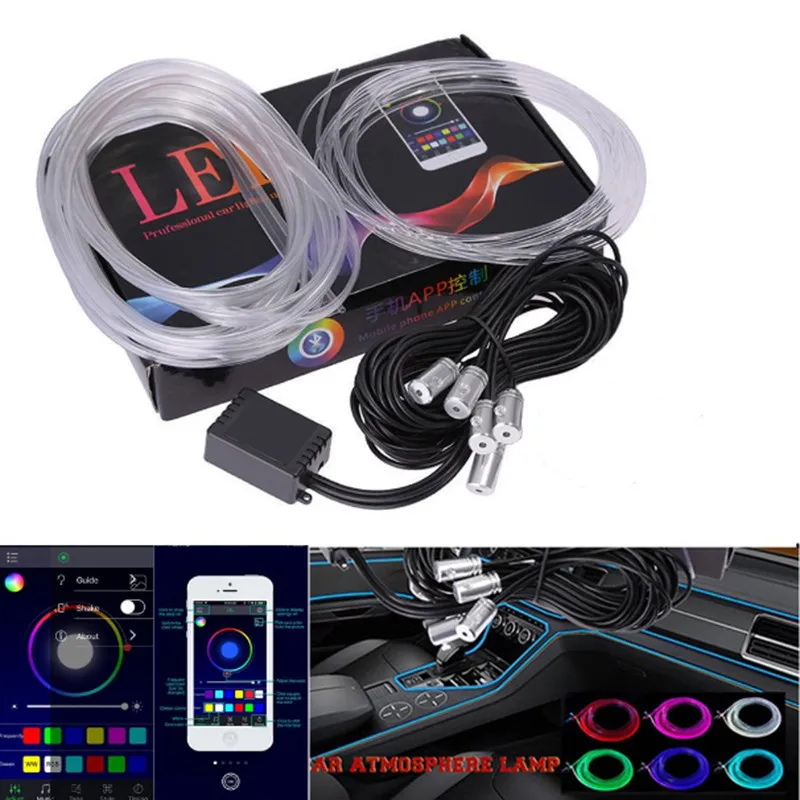 

6 M RGB Fiber Optic Atmosphere Lamps Car Interior Ambient Light Decorative Dashboard Door Remote Control or App Control