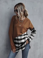 autumn color block t shirt women casual long sleeve round neck button tee tops fashion stitching pullover straight t shirt
