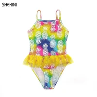 shekini grils one piece printing swimsuits teen cute ruffle tulle bathing suit one word collar teenage girls bikini beachwear