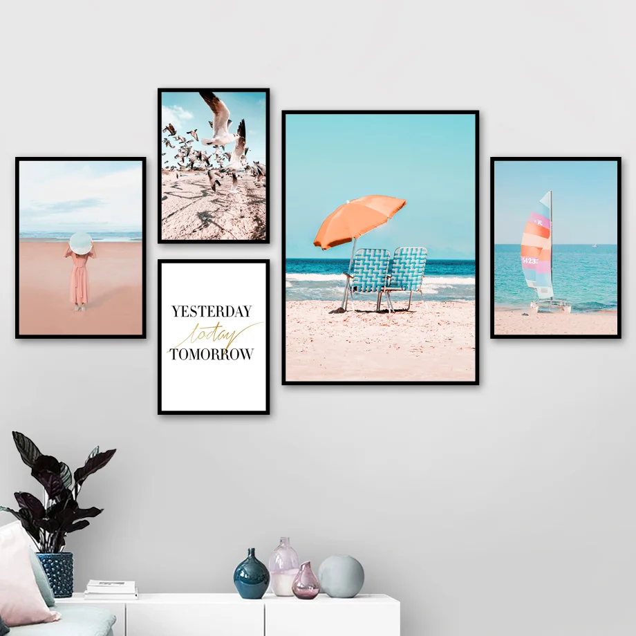 Beach Girl Seagull Sailboat Starfish Wall Art Canvas Painting Home Decor Posters And Prints pictures For Living Room Decoration | Дом и сад