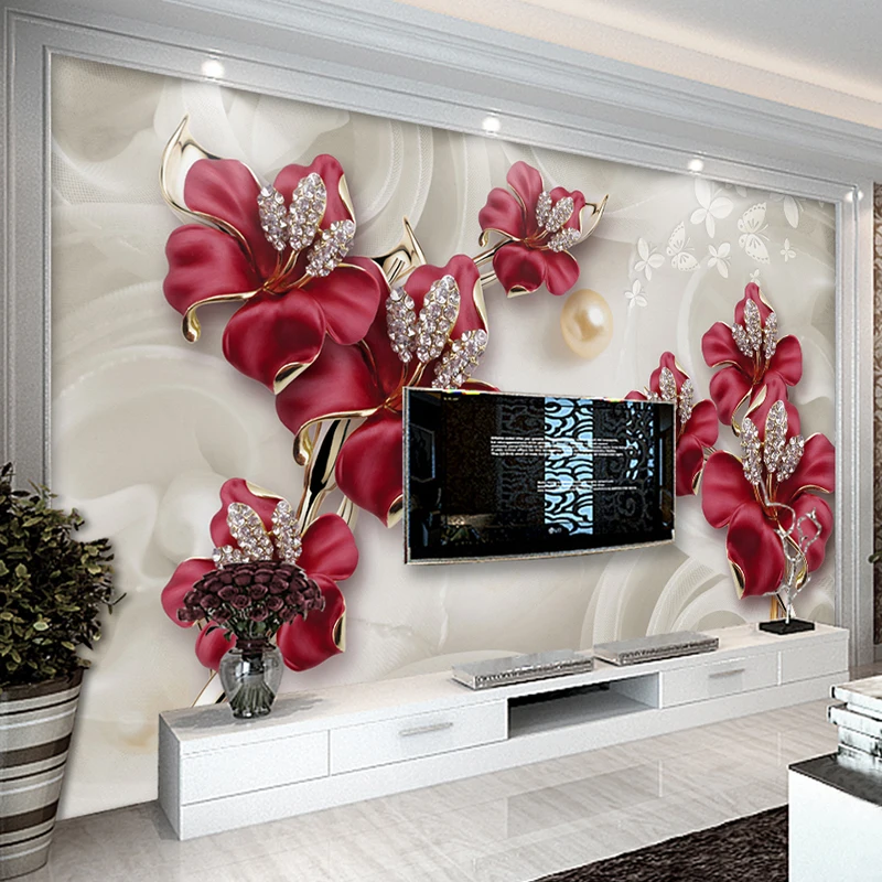 Custom 3D Photo Wallpaper Diamond Jewelry Flower Living Room Sofa TV Background Wall Waterproof Canvas Fabric Mural Home Décor