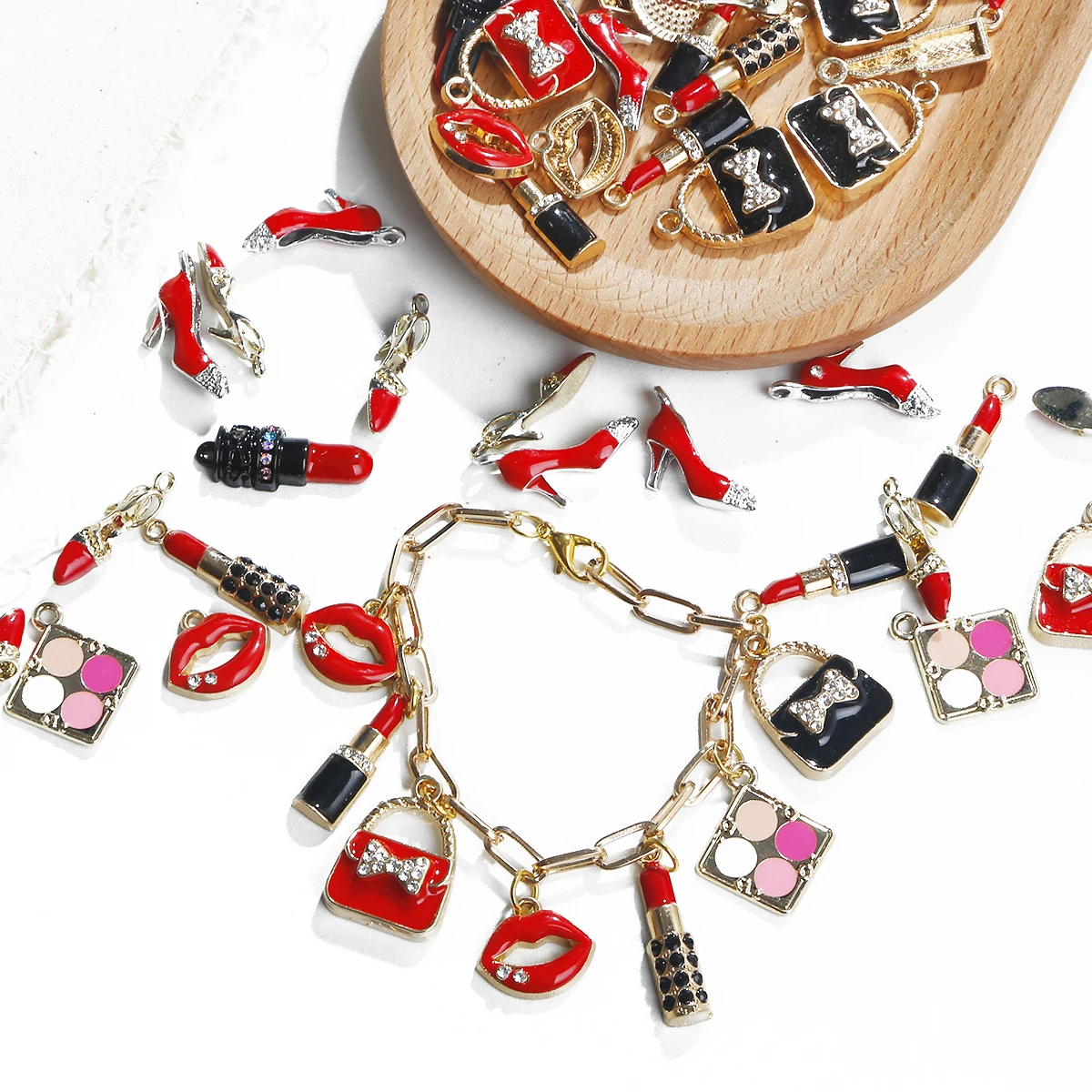 2 stücke Emaille Make-Up Charme Gemischt Frauen Lip Lippenstift Tasche Schuhe Anhänger für DIY Ohrring Armband Halskette Schlüssel Kette Schmuck, der – Detail 3