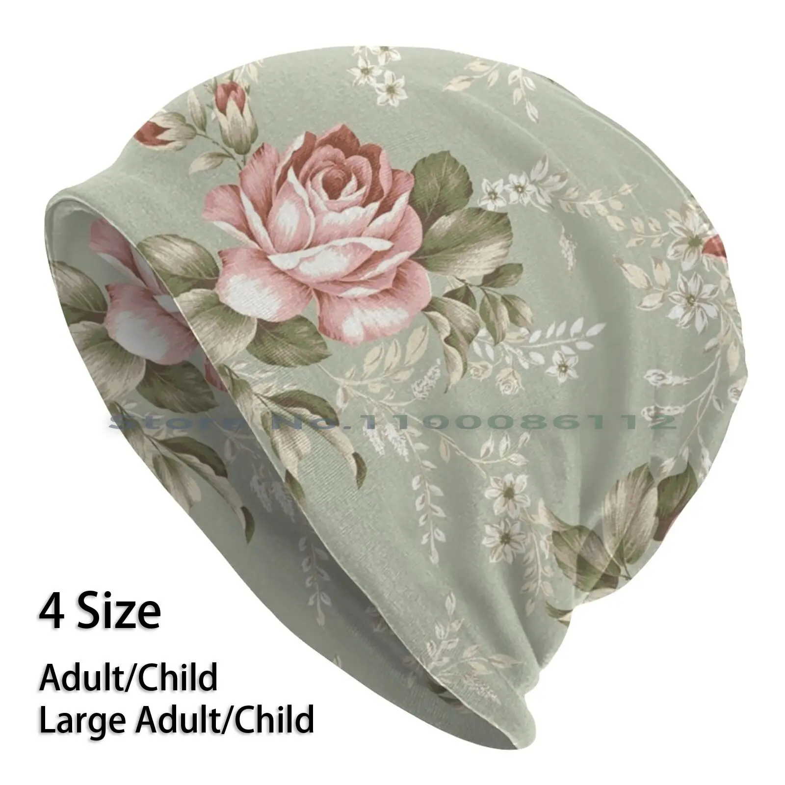 

Vintage Blush Roses-Sage Green Background Beanies Knit Hat Romantic Roses Blush Roses Pink Roses Floral Vintage Floral Roses