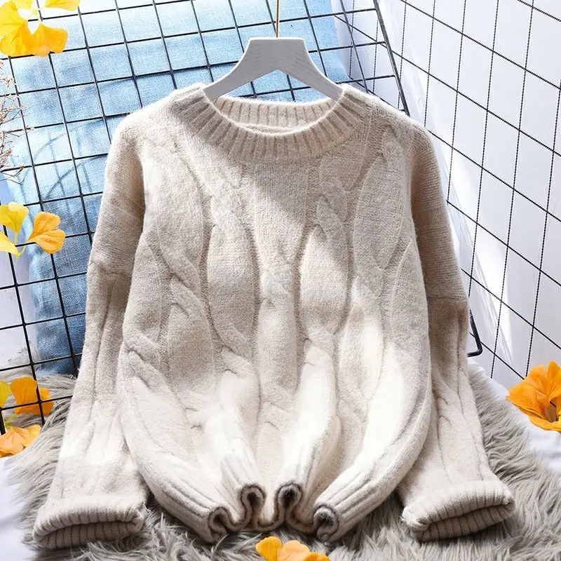 

Light Khaki Twisted Knitted Women Sweater Pullovers Autumn Winter 2021 O-Neck Loose Sweet Style Female Pulls Outwear Coats Tops