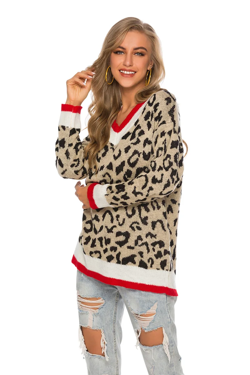 Fitshinling Leopard V Neck Sweater Autumn Winter Pullovers Knitwear Boho Casual Slim Jumper Sweaters For Women Clothing 2019 New | Женская