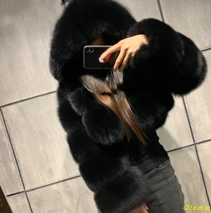 

High Quality Furry Cropped Faux Fur Coats and Jackets Women Fluffy Top Coat with Hooded Winter Fur Jacket manteau femme