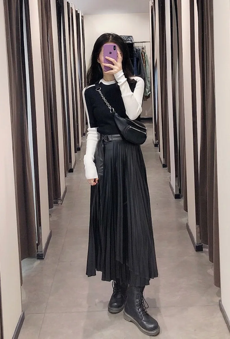 Fashion Pleated Skirt for Women Women Dance Clothing Ball Gown Black Faux Leather Faldas Mujer Moda Moda Mujer Mid-Calf Za