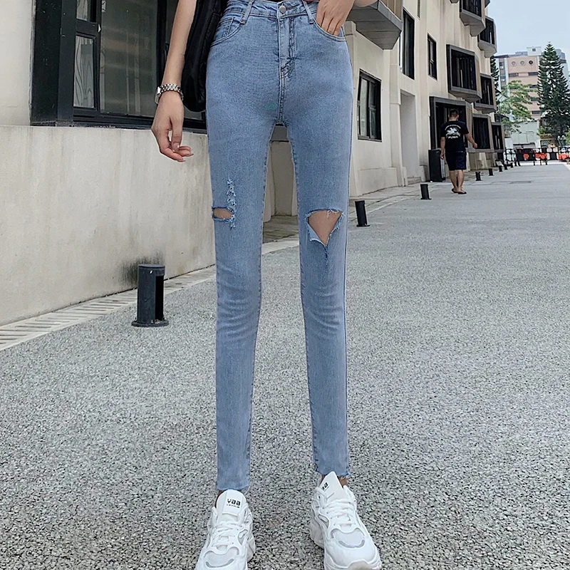 

Large size small foot jeans with holes, women's nine minute high waist, new elastic tight pencil pants showing skinny feet
