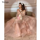Verngo элегантное розовое платье из органзы, ТРАПЕЦИЕВИДНОЕ платье для выпускного вечера с пышными длинными рукавами и бусинами, с открытыми плечами и оборками, 2021