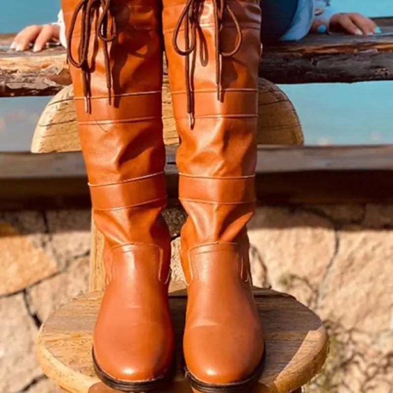 Women Knee High Boots  Low Heels Booties Plus Size Gladiator Pu Leather Knight Shoes Woman