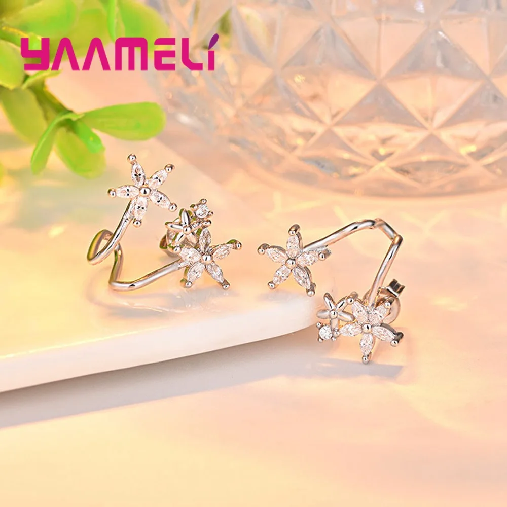 High Grade CZ Zircon Clip Earring Original 925 Sterling Silver Flowers Stars Statement Jewelry Pendientes for Women Female Gift | Украшения