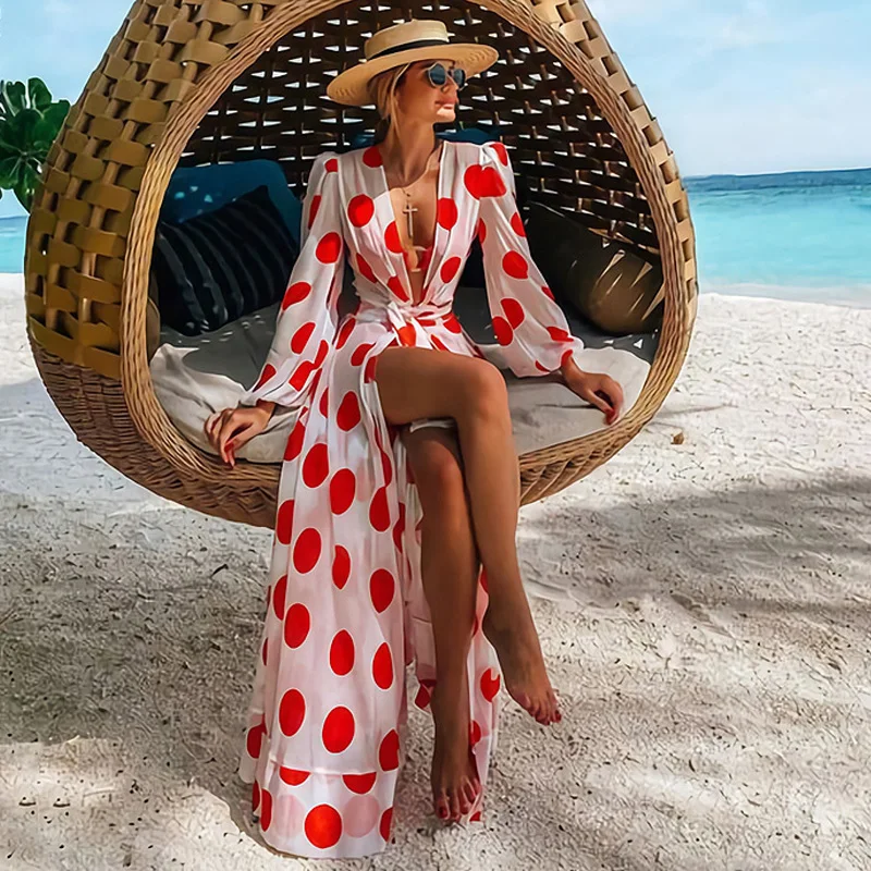 Модный Купальник с высоким разрезом принтом в горошек глубоким v образным