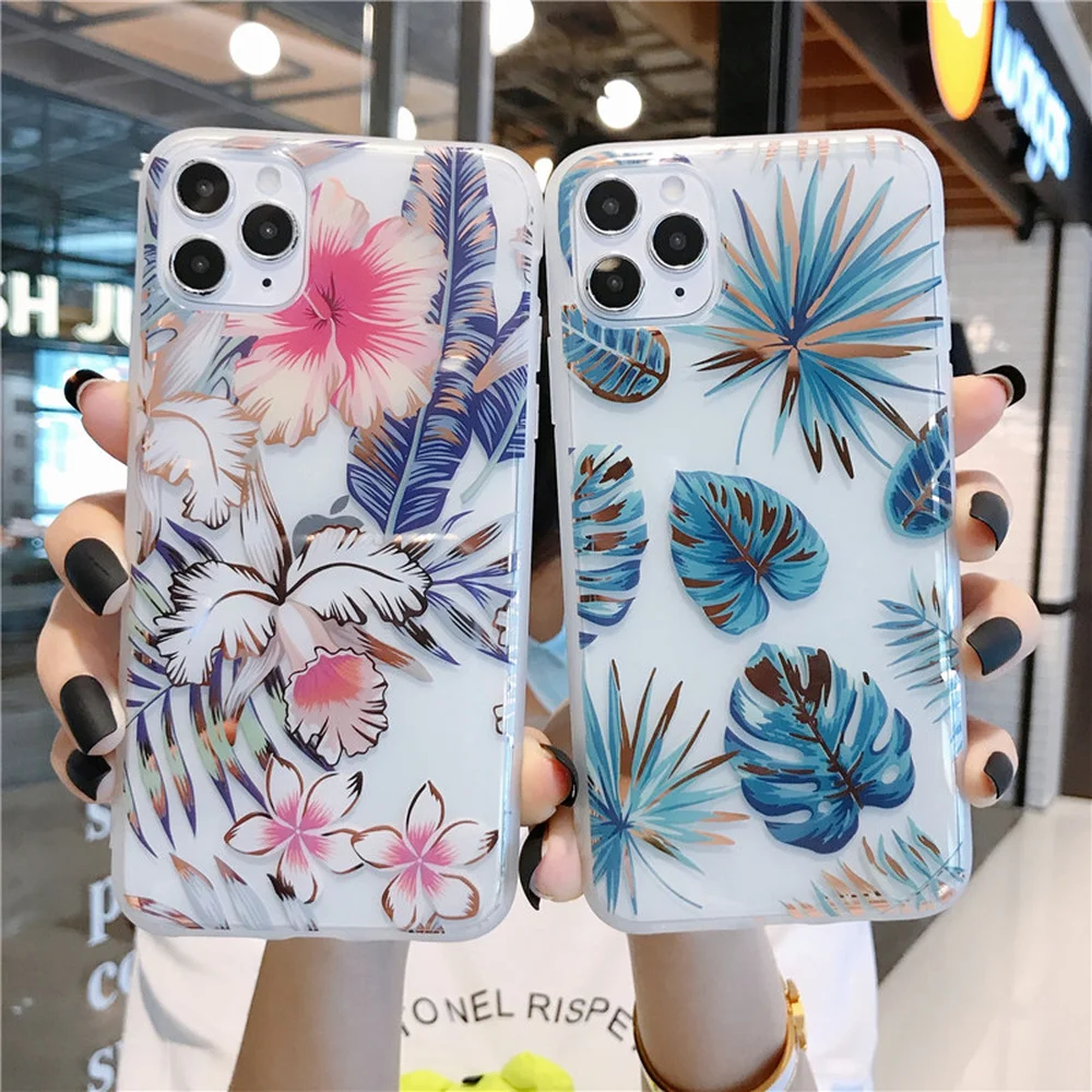 

Leaf Flower Plating IMD Case for iPhone 12 11 Pro Max XS XR X 7 8 Plus SE 2020 Clear Glossy Bling Phone Coque Luxury Hard Cover