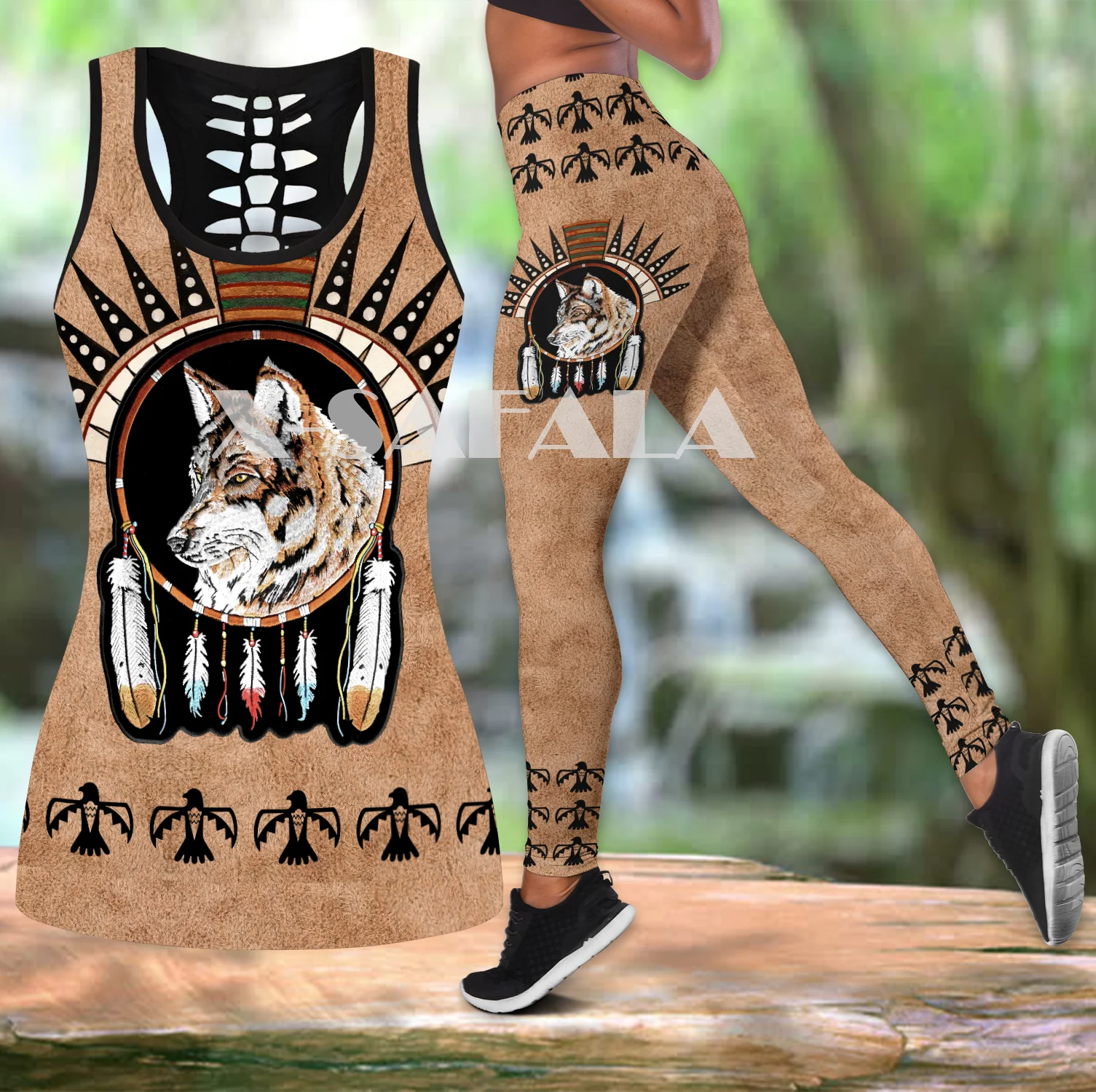 

Native Indian Wolf Animal Art Two Piece Yoga Set Women 3D Print Vest Hollow Out Tank Top High Waist Legging Summer Casual Sport1