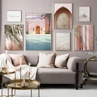Настенная картина с изображением пляжного пейзажа, постер с розовыми тенями и пальмовыми листьями, Картина на холсте с золотой дверью, скандинавский Декор для гостиной и дома