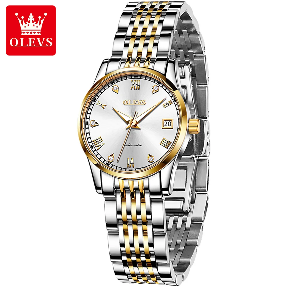 

Olevs Dial Automatic Mechanical Women Watches Stainless Steel Dress Wrist Watch Waterproof Luminous Pointer Calendar Watches