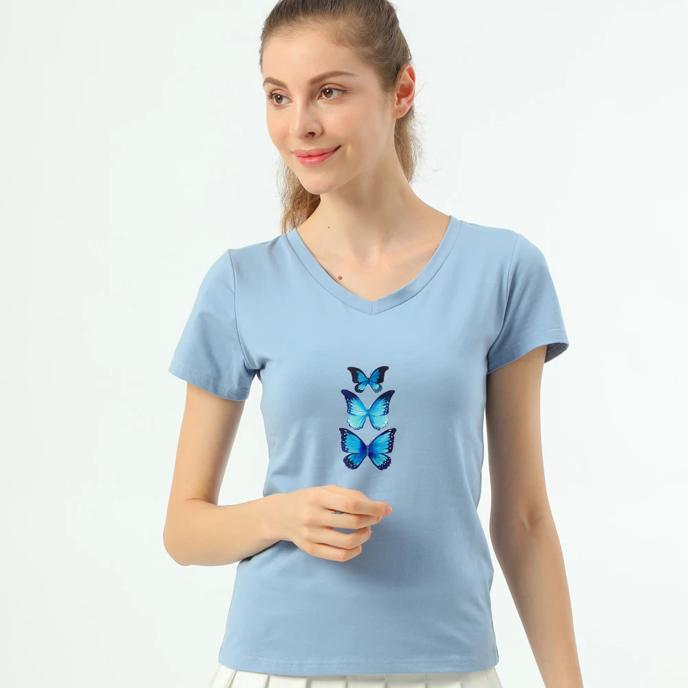 

Модная женская футболка из 100% хлопка, футболка с бабочкой, женская уличная одежда, облегающие рубашки, футболка с коротким рукавом и графико...