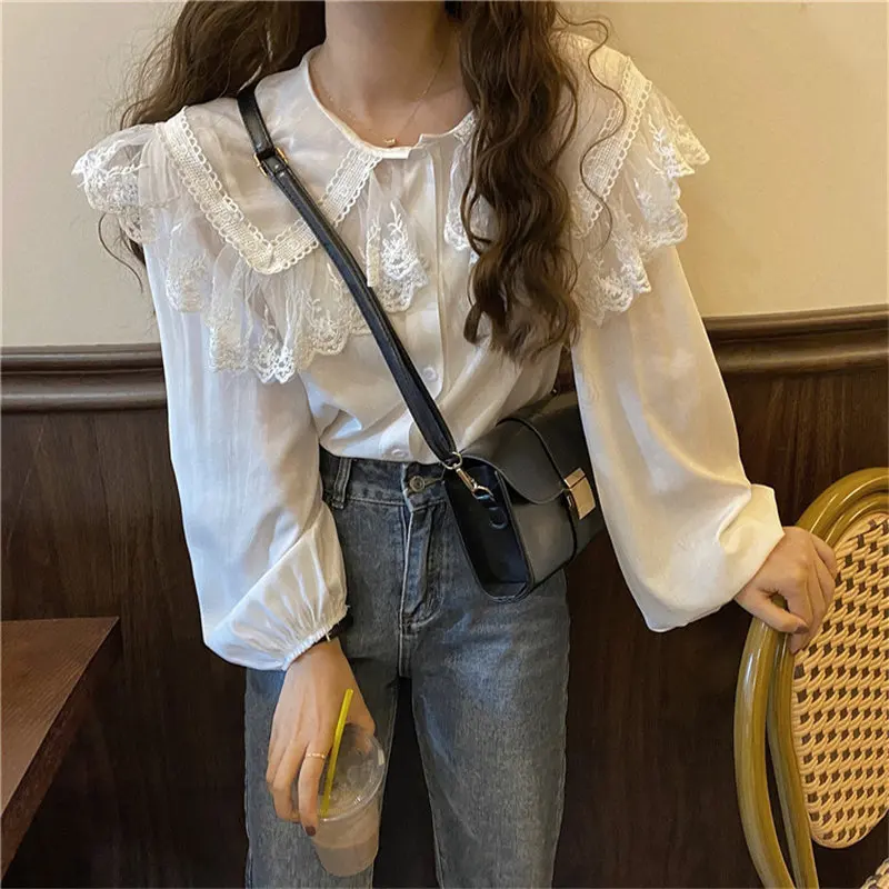 

Office Lady Fairy Peter Pan Collar Basic Blouses Chic All Match 2021 Lace Chiffon Puff Sleeves Casual Female Shirts