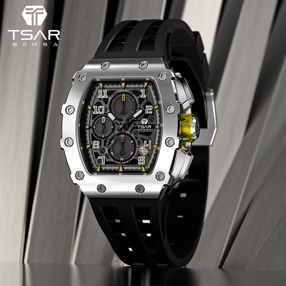 

TSAR BOMBA Watches for Mens Luxury Famous Brand Rubber Strap Waterproof Stainless Steel Wristwatch Sport Fashion Chronograph