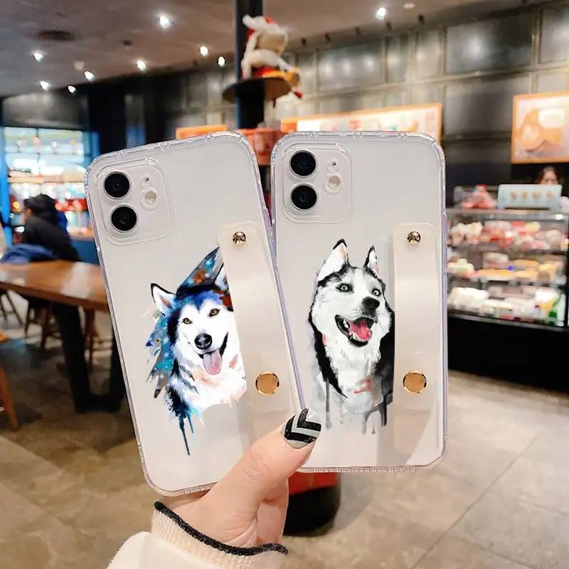 

Cool Husky Phone Case Wrist Strap For iPhone 7 8 11 12 X XS XR MINI Pro Max Plus Hand Band Transparent Clear