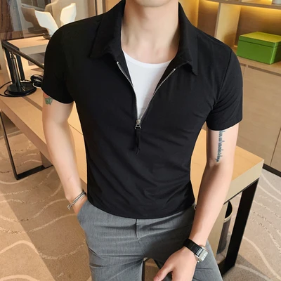 Мужская приталенная летняя толстовка с коротким рукавом полосатая рубашка в