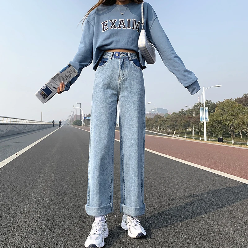

GUUZYUVIZ Blue Straight Jeans Woman Loose Casual Boyfriend Jeans For Women Plus Size Denim Wide Leg Pants Jean Trousers