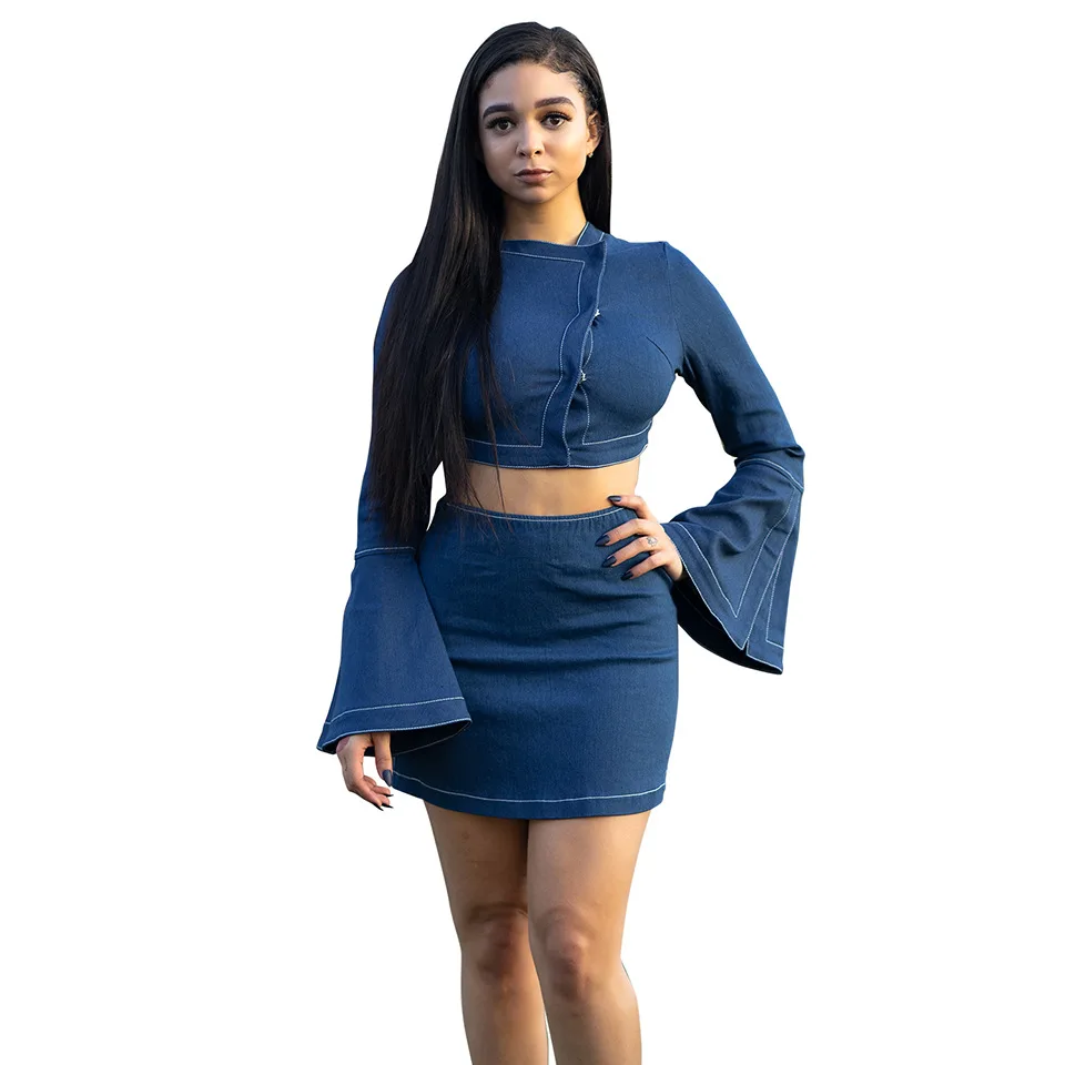 Женское зимнее расклешенное джинсовое мини платье с длинным рукавом Дамское