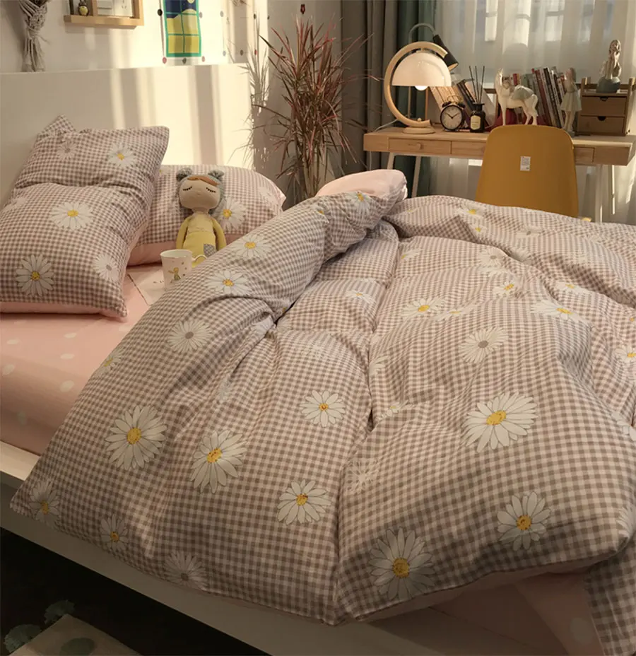 

Classic daisy daisy geometric plaid bedding set girl,cotton twin full queen King home textile bed sheet pillow case duvet cover