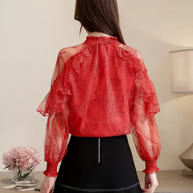 

2021 Fashion Womens Tops and Blouses See Through Lace Shirts Women Wild Ruffled Chiffon Women's Blouse Vintage Top Female
