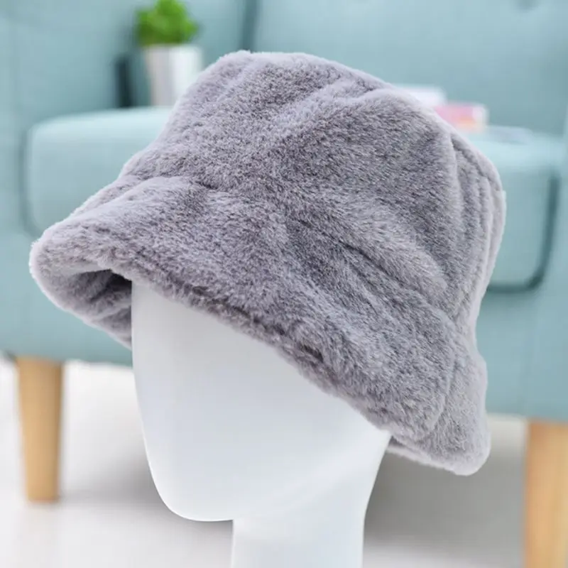 

Womens Winter Thicken Fluffy Plush Fisherman Cap Solid Color Wide Brim Sun Hat NEW