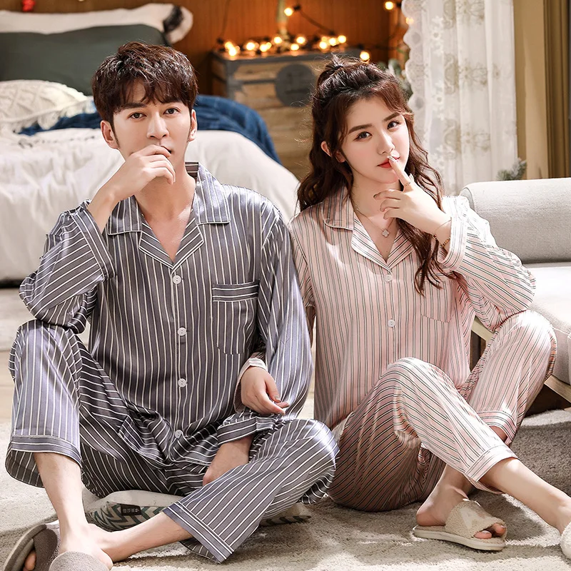 

Lovers Striped Pyjama Pure Silk Sleepwear Turn Down Collar Animal Roomwear Sleepwear Couple Pajamas Set Button Up Pajama Set