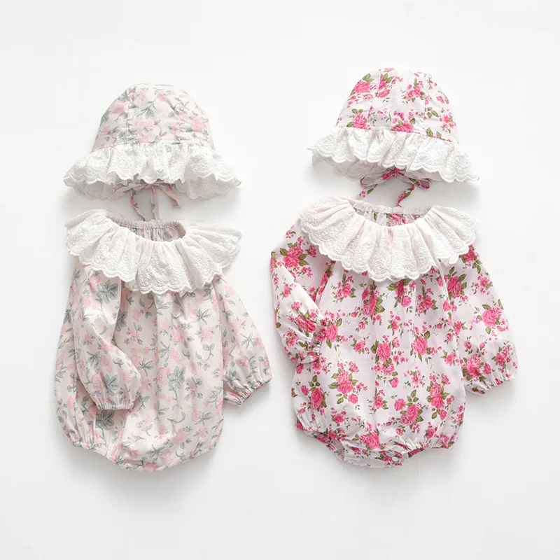 

Girls Floral Rompers Autumn Long Sleeve Ruffle Collar Flowers Printing Jumpsuits for Spring Newborn Infants Clothes