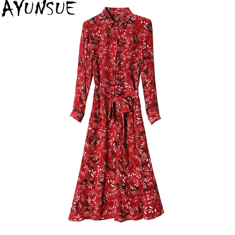 

High Quality 100% Silk Dress Woman Floral Midi Dress Elegant Long Sleeve Dresses for Women Spring Autumn Vestidos 2