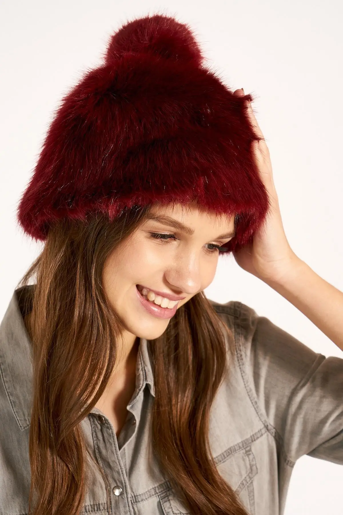 Для женщин пушистый помпон темно-бордовый берет 100 акрил турецкий модный дизайн