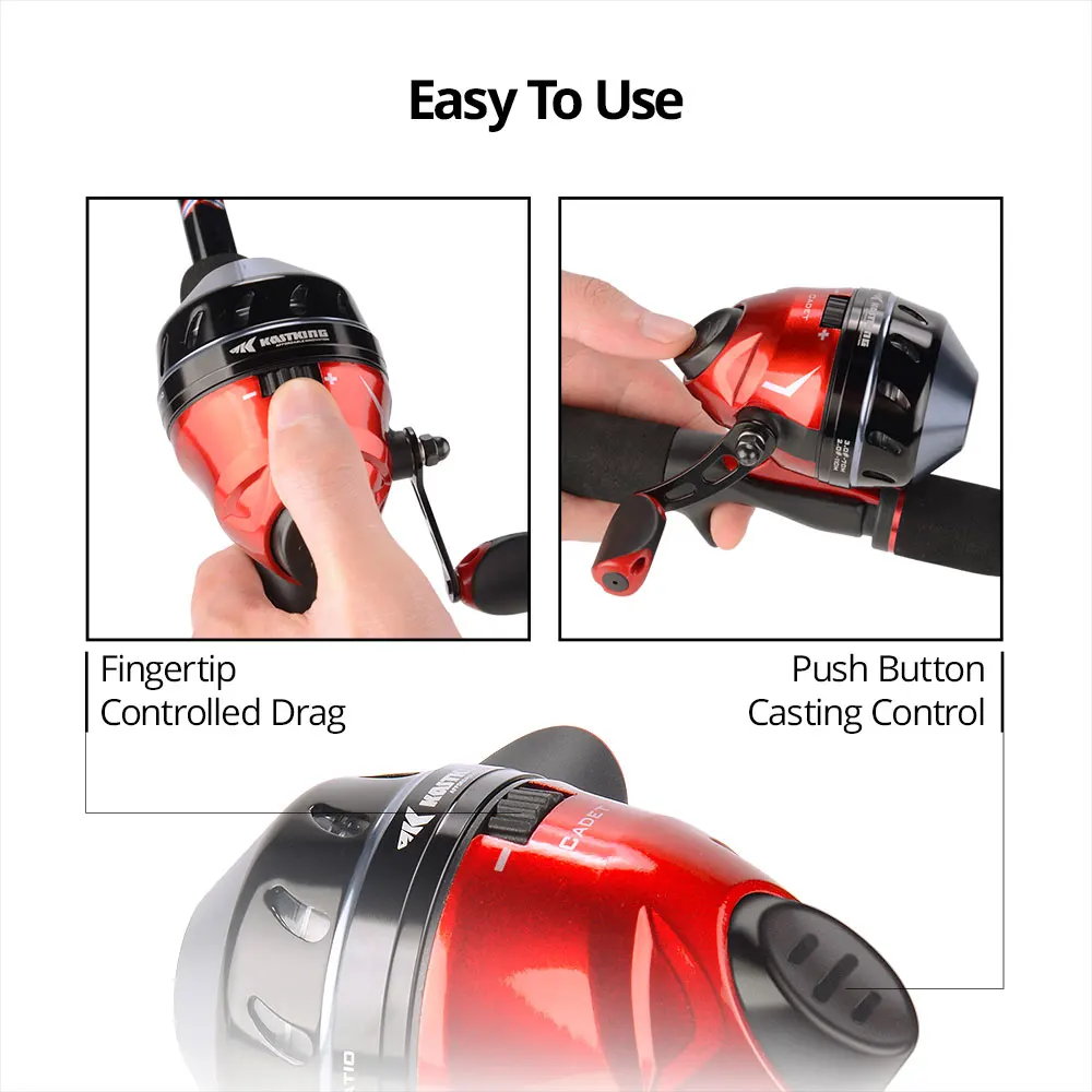 КастКинг Кадет Спинкаст Рыболовная катушка 3.1:1 передаточное отношение Простой дизайн с кнопкой для нажатия без проблем с ловлей насадки с 100 м 10LB нейлоновой леской.