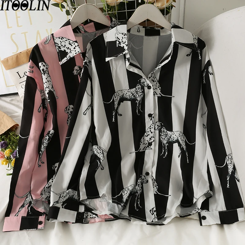 

ITOOLIN Striped Blouse Puppy Print 2021 Autumn New Single-breast Loose Casual Top Blusas Turn-down Collar Fashion Female Clothin