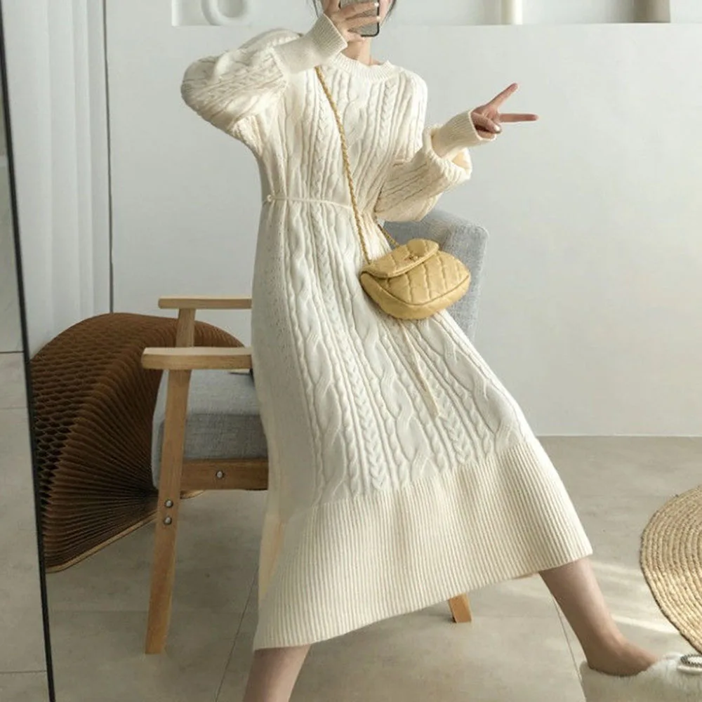 

2021 Knitted Long Sleeve Sweater Dress Korean Fashion Round Neck Loose Pullover Jepan Young Ladies Mermaid Long Dresses