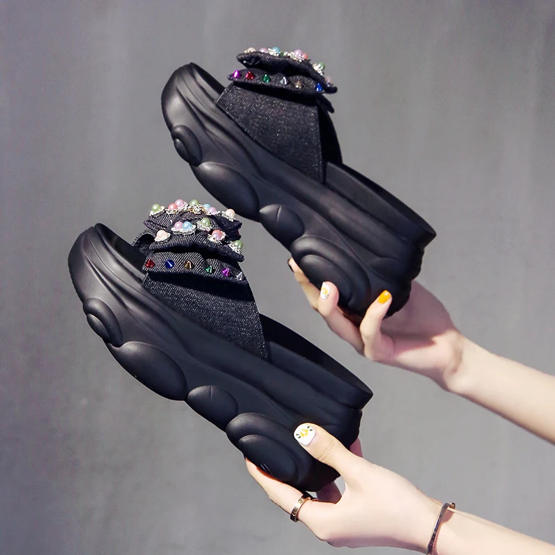 

Women's 8cm Wedge Slippers New Summer Fashion Butterfly-Knot Crystal Beads Sandals Girl Platform Outdoor Casual Soft Sole Slides