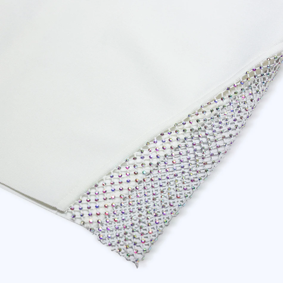 

2021 Summer New High Quality White Long Sleeve Mesh Diamond Rhinestone Bandage Dress Ladies Sexy Spaghetti Belt Club Dress
