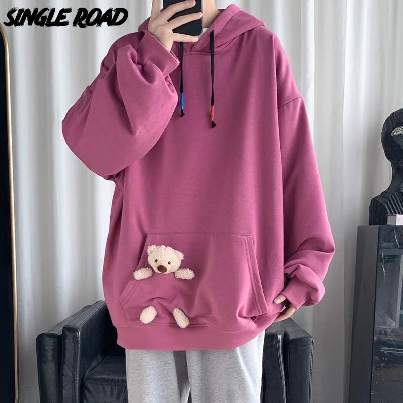 

Single Road Mens Hoodies Men 2022 Spring Bear Plain Sweatshirt Oversized Japanese Streetwear Hip Hop Male Cute Purple Hoodie Men