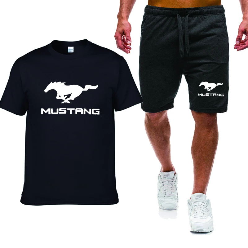 

Мужские футболки с принтом логотипа машины Mustang, летняя хлопковая повседневная мужская футболка с коротким рукавом и шорты высокого качества, мужской комплект из 2 предметов S