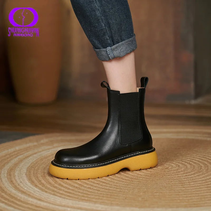 

AIMEIGAO Chelsea Boots Women Full Leather Short Boots Black Classic Platform Elastic Band Ladies Ankle Boots Fashion Casual Cool