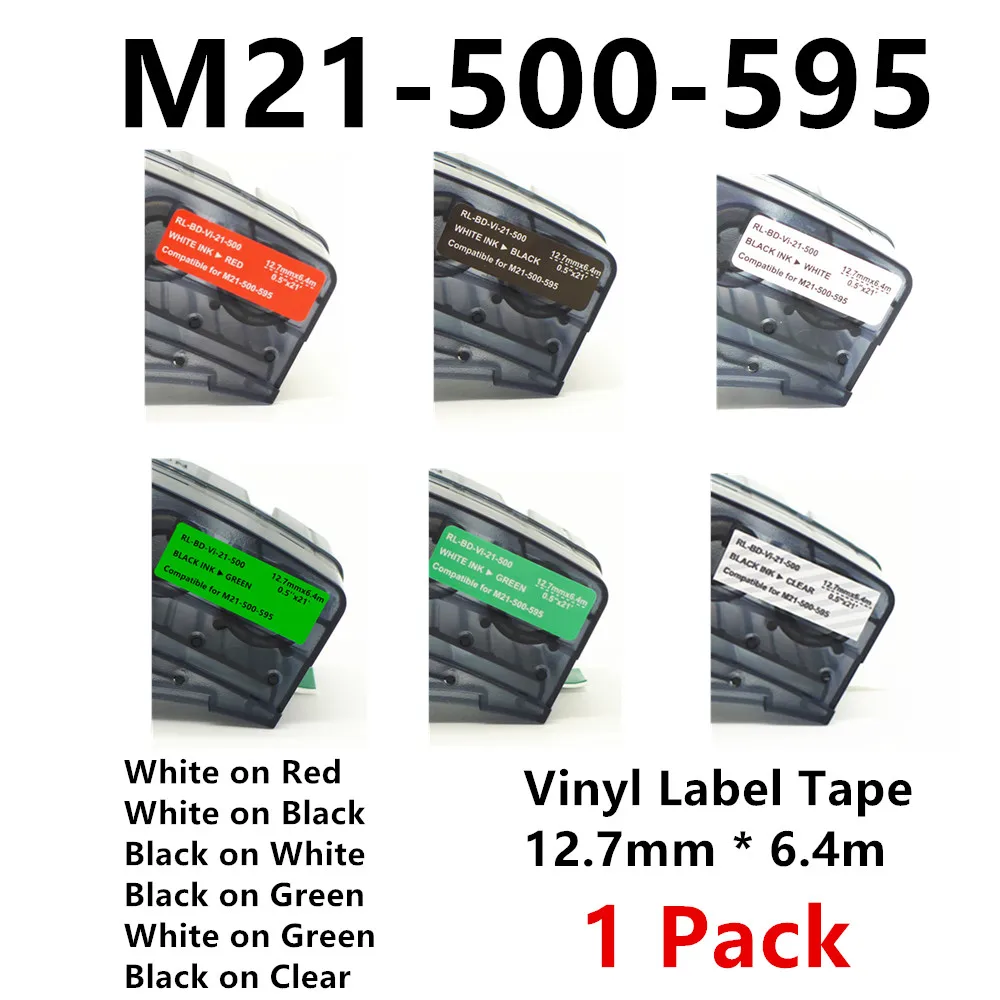 

1Pack M21 500 595 Vinyl Label Tape Ribbon 6 colors WT On Red , BK on WT BK on Green, BK on Clear color For BMP21 PLUS BMP21 LAB